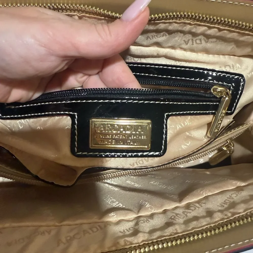Arcadia Black Patent Leather Crossbody Straps and goldtone tag Black Tote